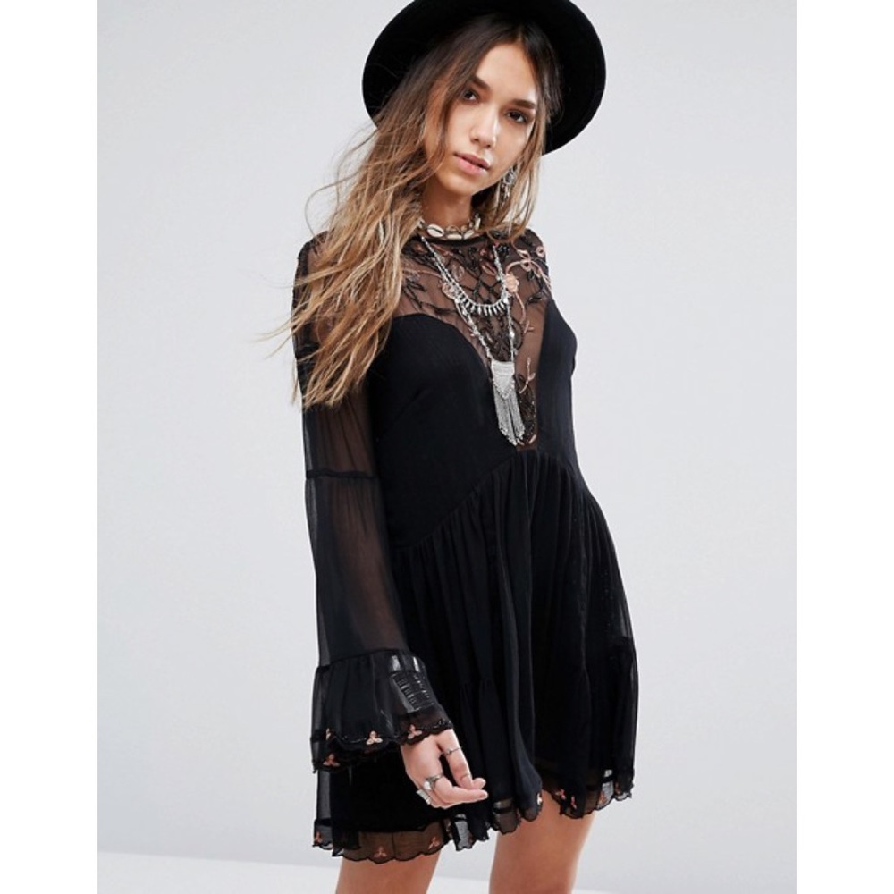 Free People Panama City Embroidered Dress Black